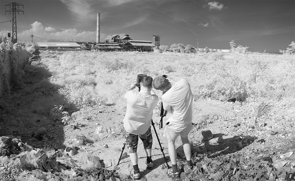 Infrared Panorama, Large Format Photographer Documenting Derelict Sugar Mill, Port-au-Prince, Haiti.